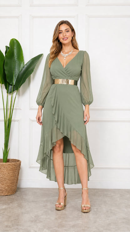 Sage Green long sleeve ruffled high-low cocktail dress