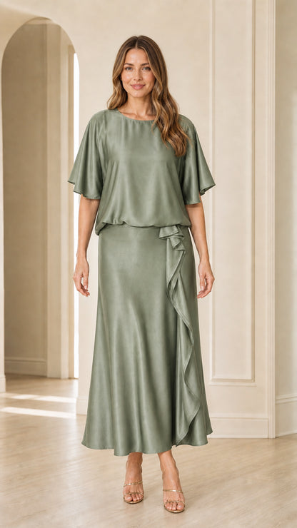 Front view of woman wearing sage green satin flutter sleeve evening gown