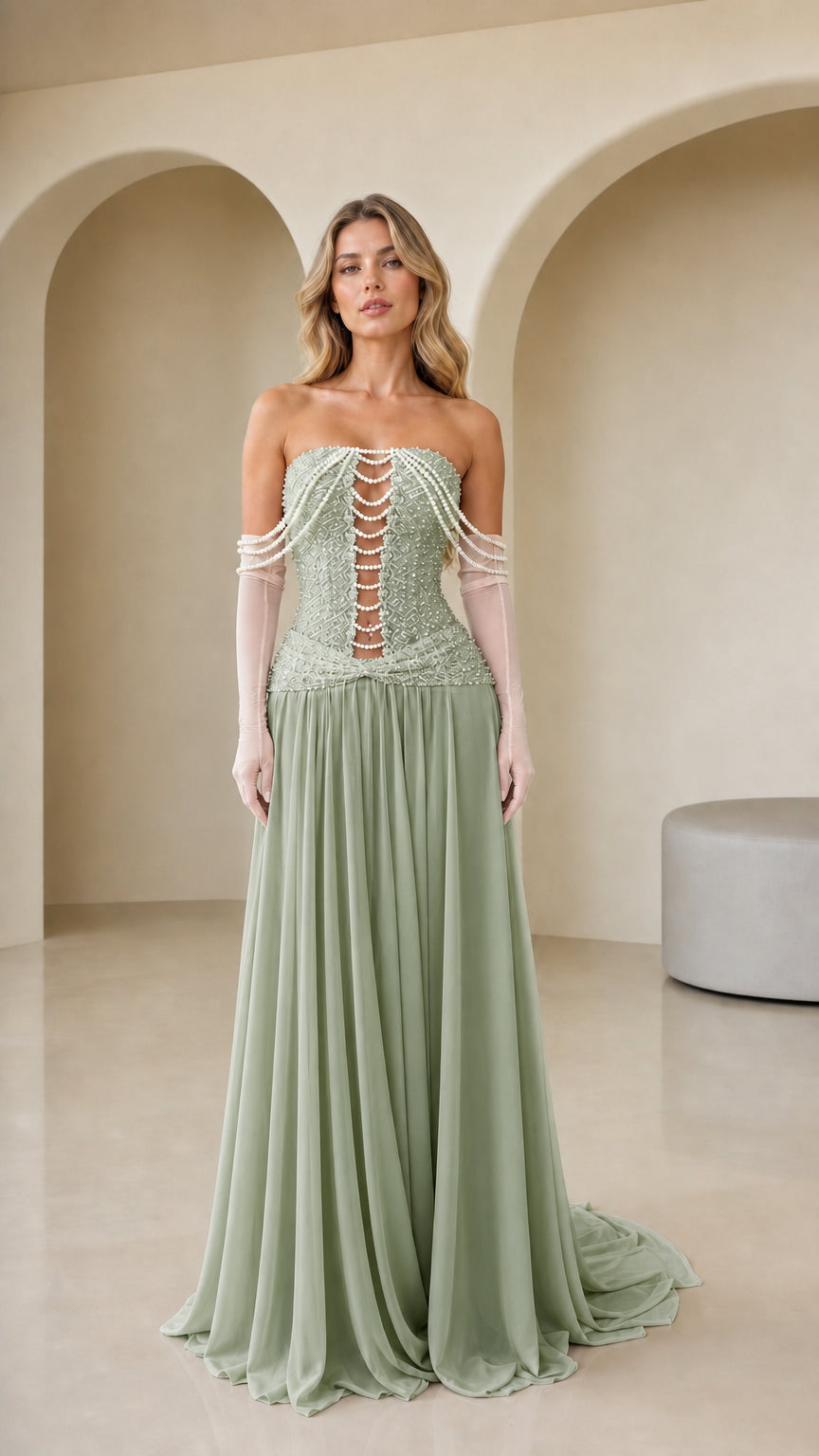 Sage Green pearl beaded corset evening gown front view