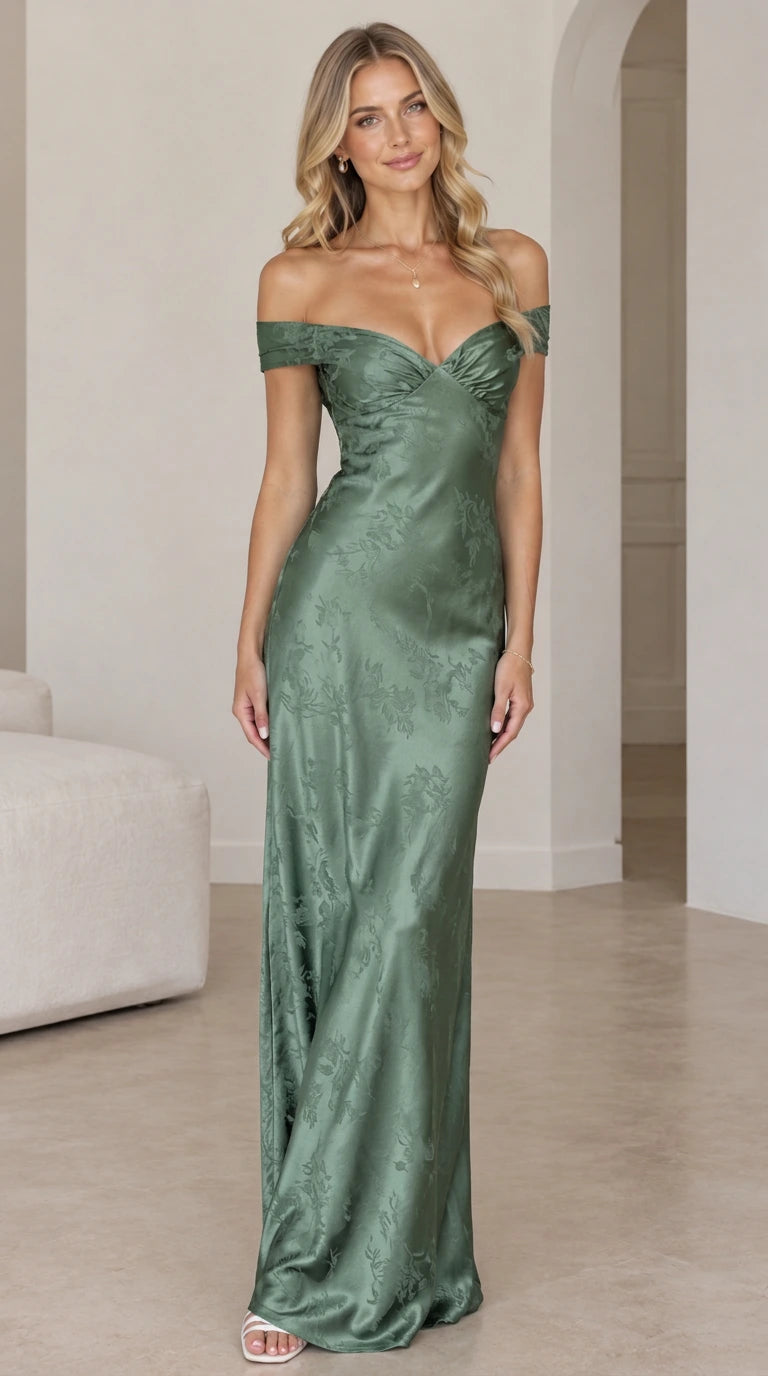 Front view of woman wearing sage green off-the-shoulder satin maxi gown
