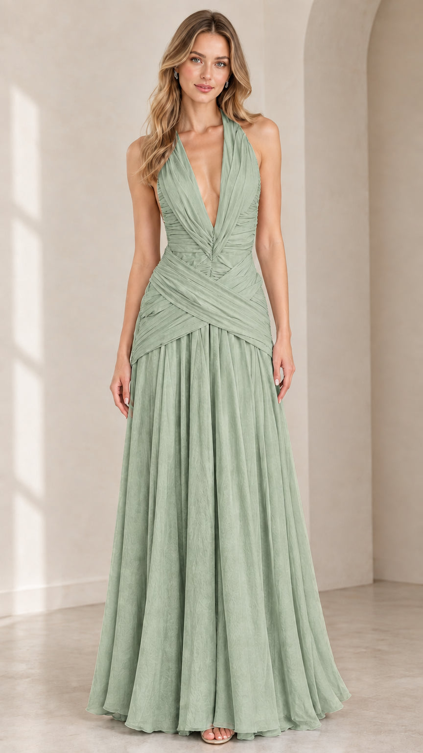 Front view of sage green pleated plunge halter maxi dress