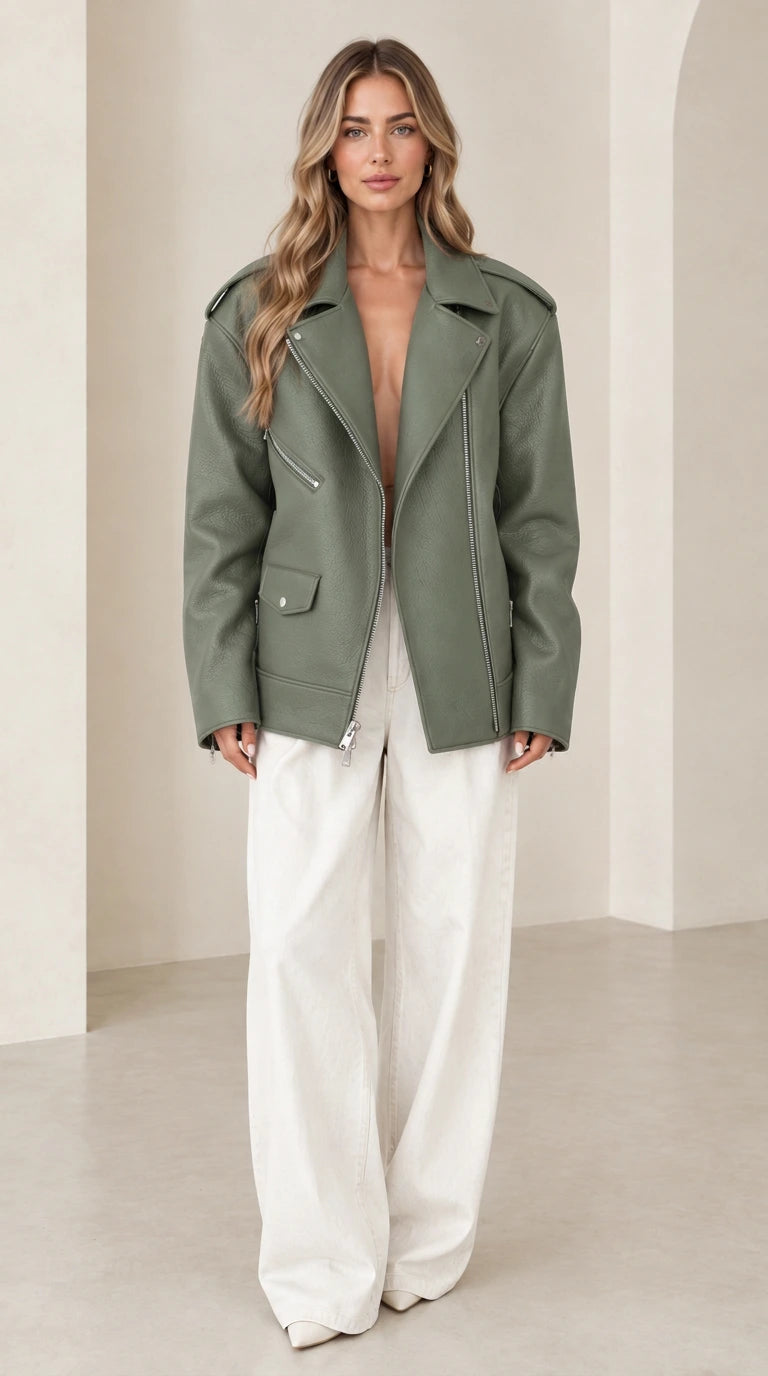 Front view of woman wearing oversized sage green faux leather biker jacket