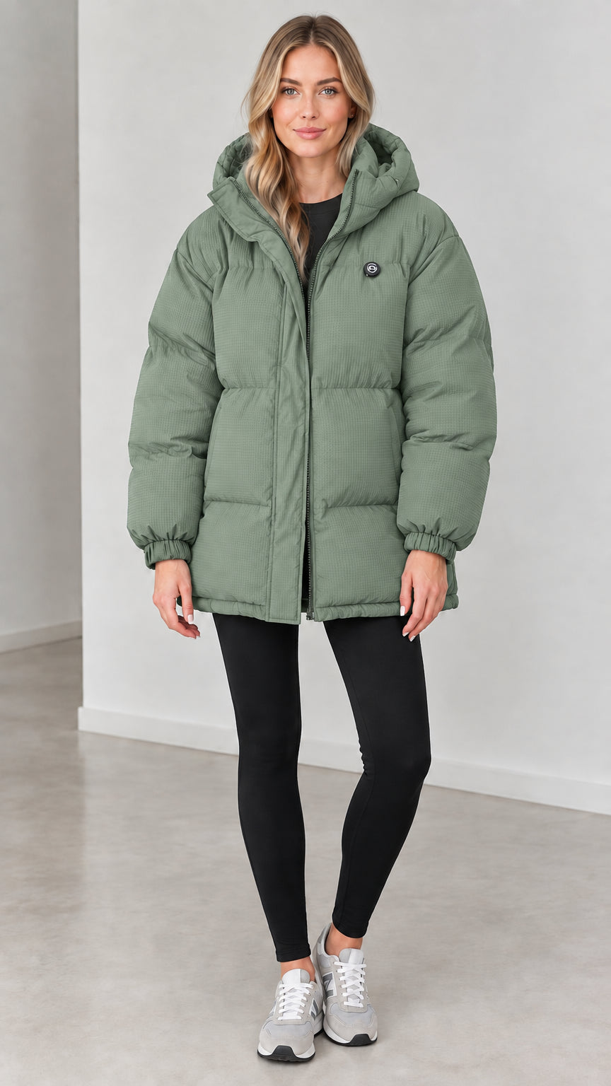 Front view of woman wearing sage green hooded oversized winter puffer coat