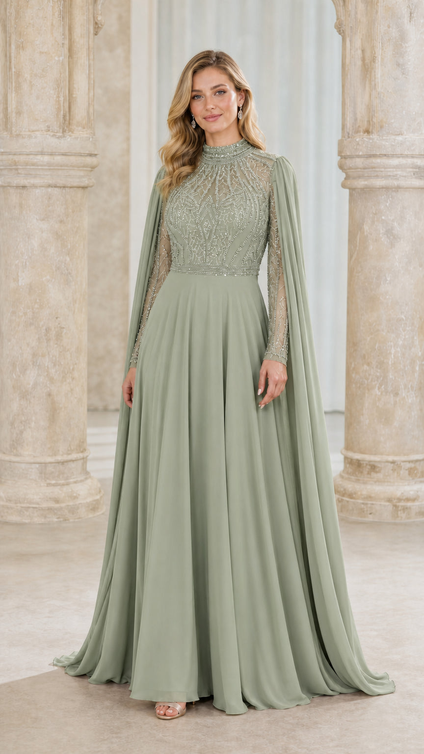 Front view of sage green evening gown with cape