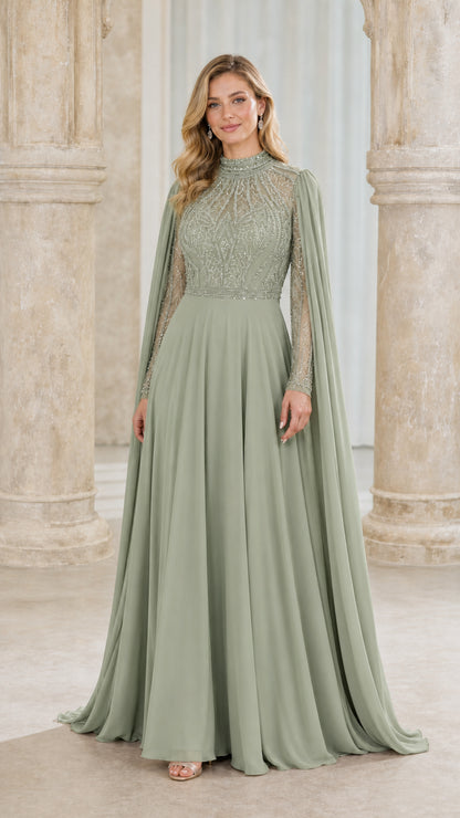 Front view of sage green evening gown with cape