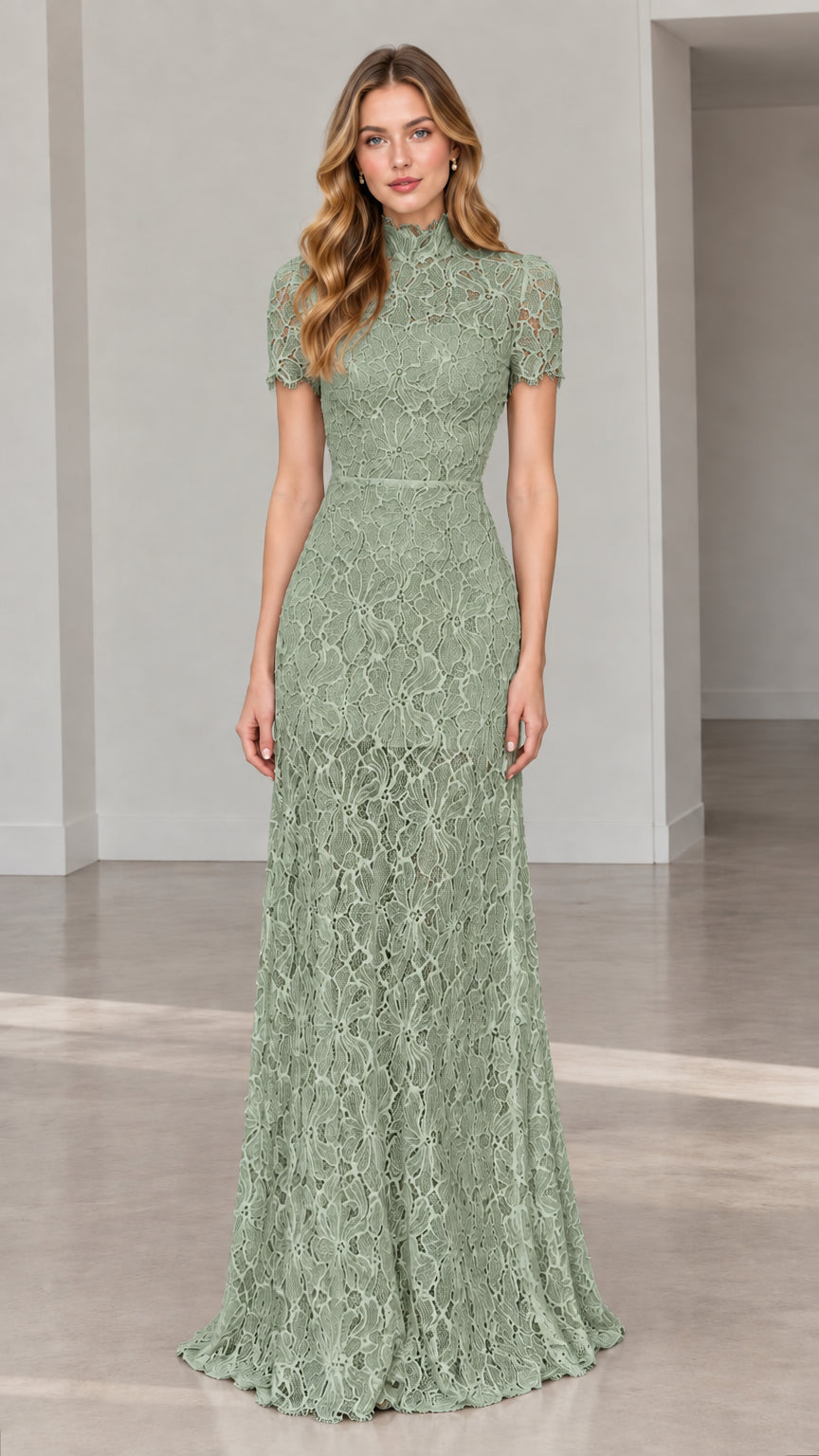 Front full-length view of model wearing sage green high-neck lace maxi dress