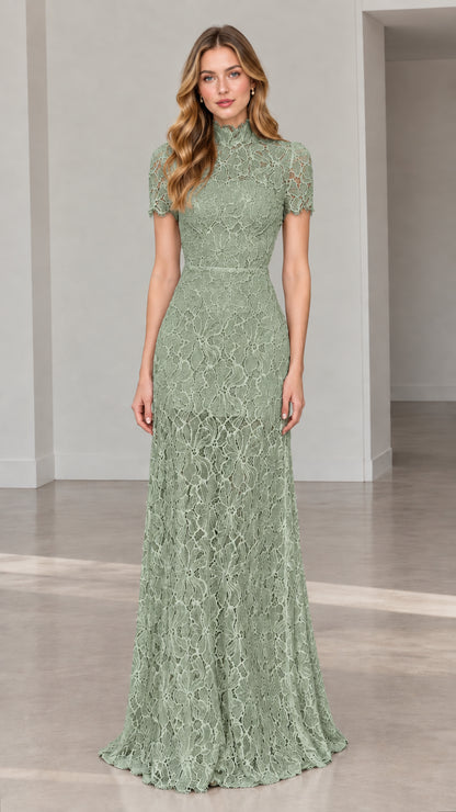 Front full-length view of model wearing sage green high-neck lace maxi dress
