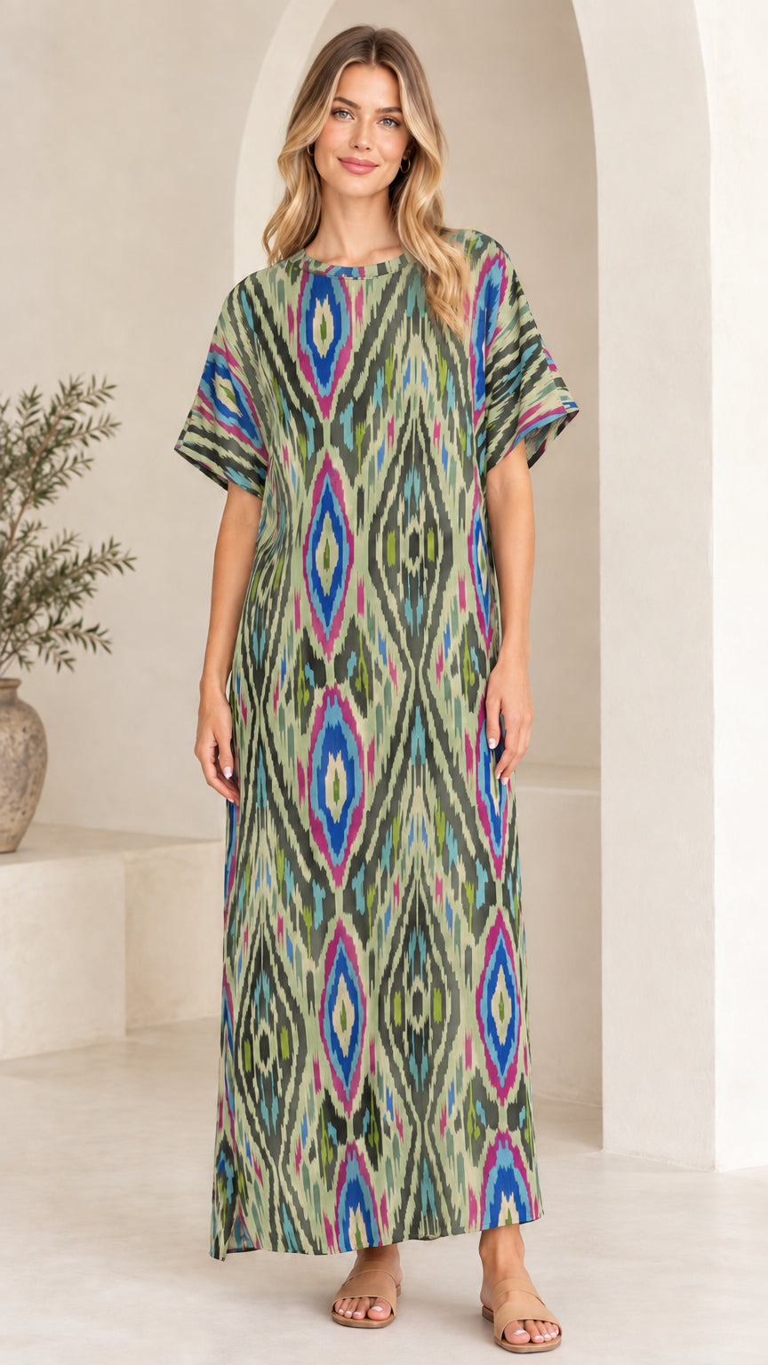 Woman wearing Sage Green Multi print relaxed maxi kaftan dress