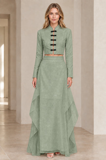 Front view of model wearing sage green mandarin collar crop top and tiered maxi skirt set