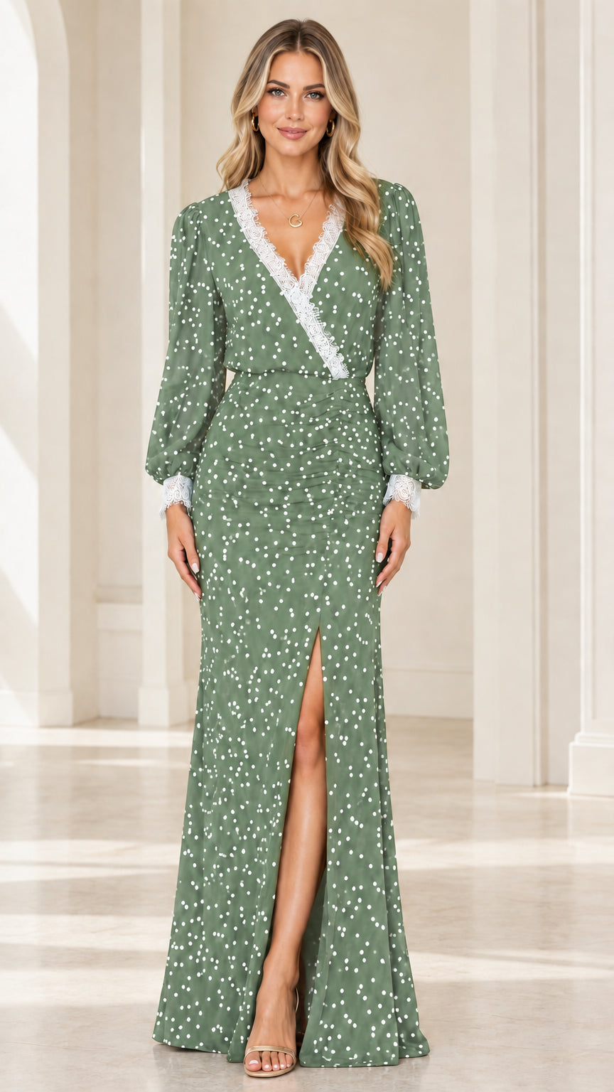 Front view of sage green polka dot long sleeve maxi dress with slit