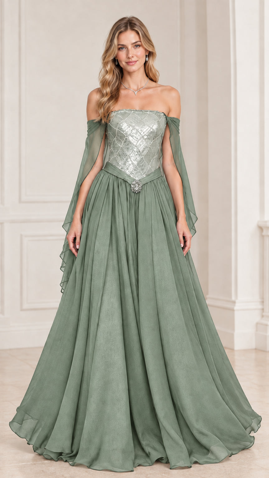 Model wearing Sage Green off-the-shoulder sequin evening dress with draped cape sleeves