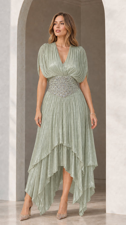 Full-length front view of Sage Green shimmer pleated evening dress