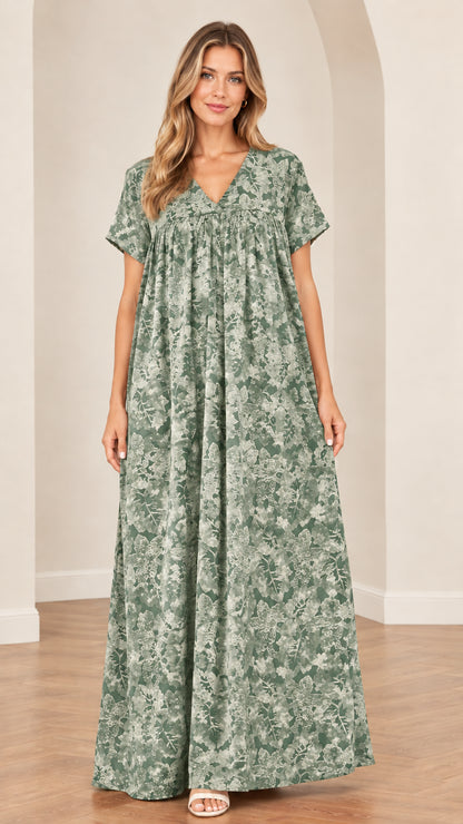 Front view of sage green floral V-neck relaxed maxi dress