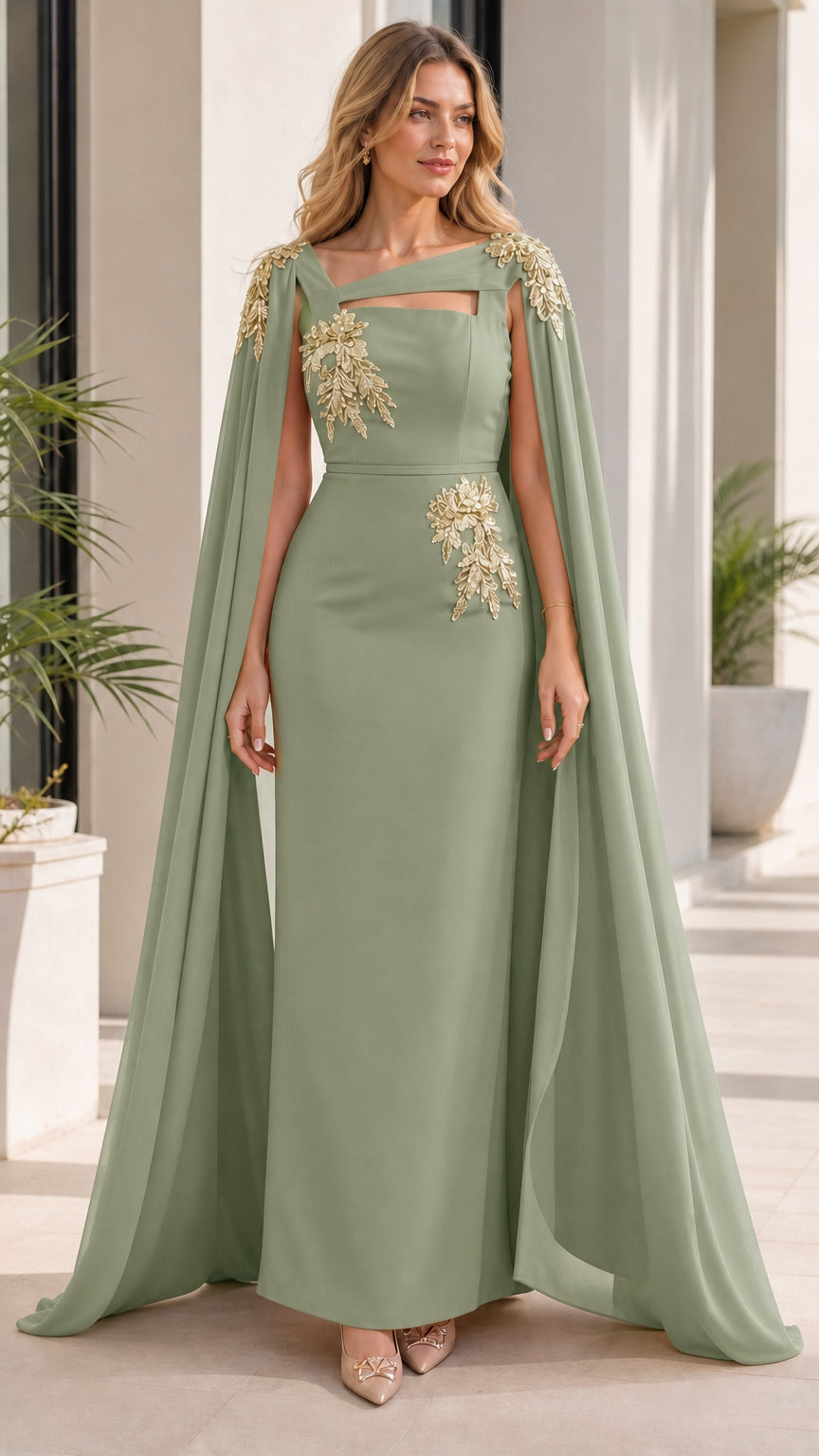 Woman wearing sage green evening dress with attached cape