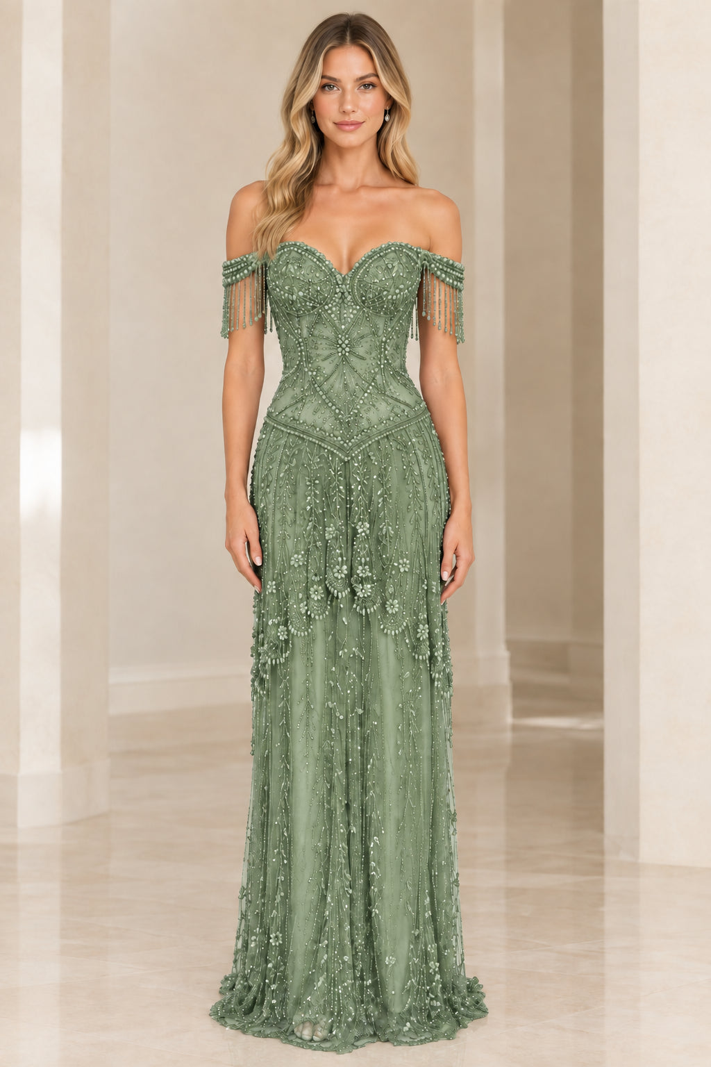 Sage Green off-the-shoulder beaded evening gown