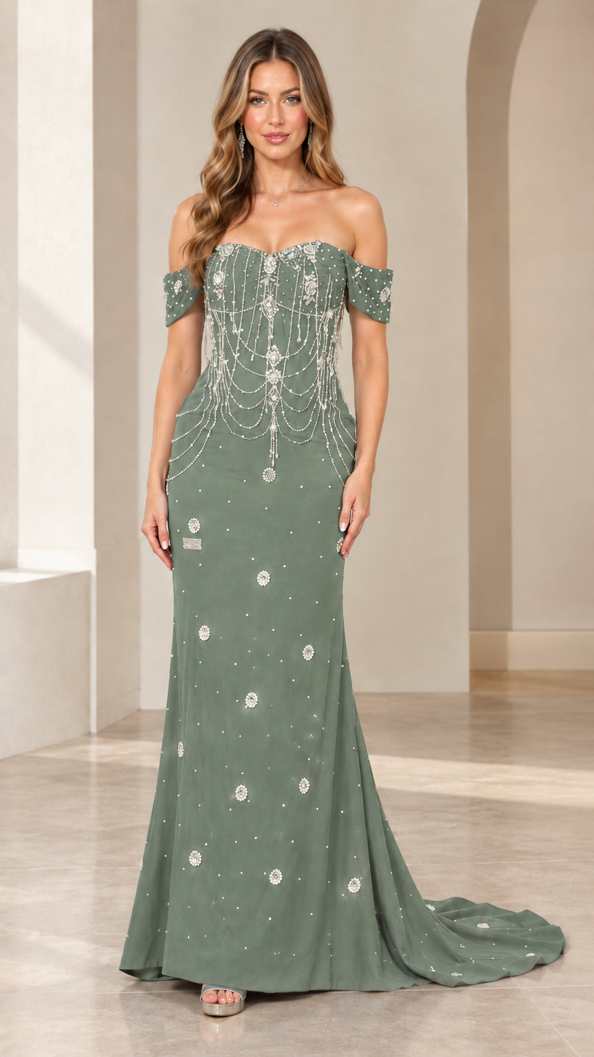 Model wearing sage green off-the-shoulder beaded evening dress