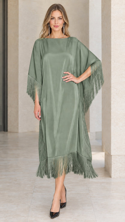 Front view of sage green satin fringe kaftan dress