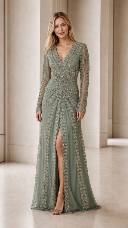 Model wearing sage green beaded evening gown with front slit