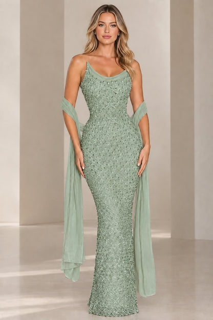 Sage green sparkling evening dress with corset detail and matching wrap