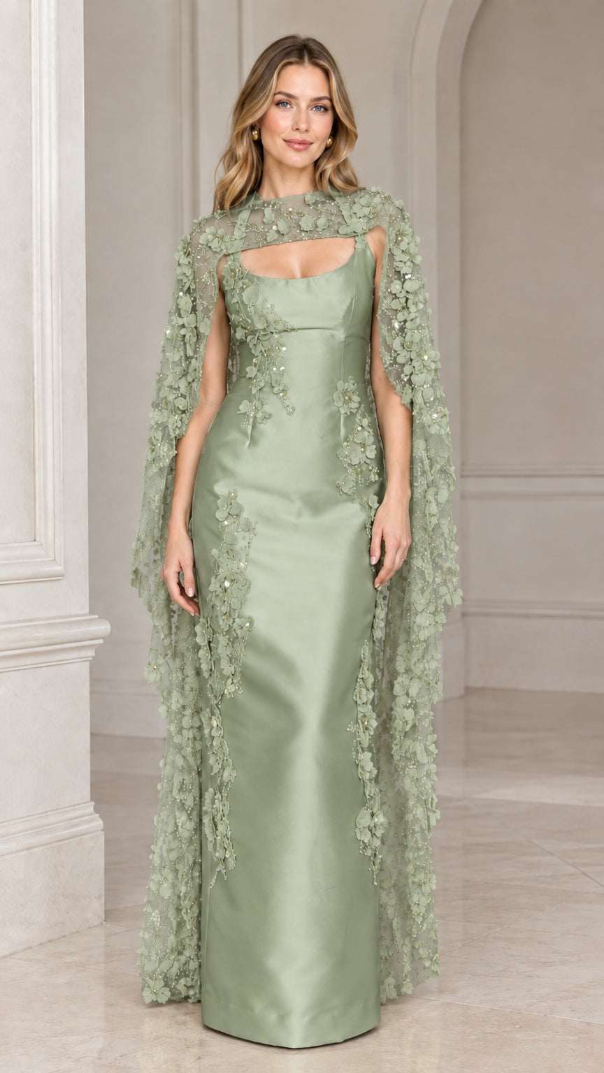 Sage green floor-length formal gown with 3D floral beaded sheer cape