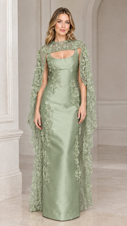 Sage green floor-length formal gown with 3D floral beaded sheer cape