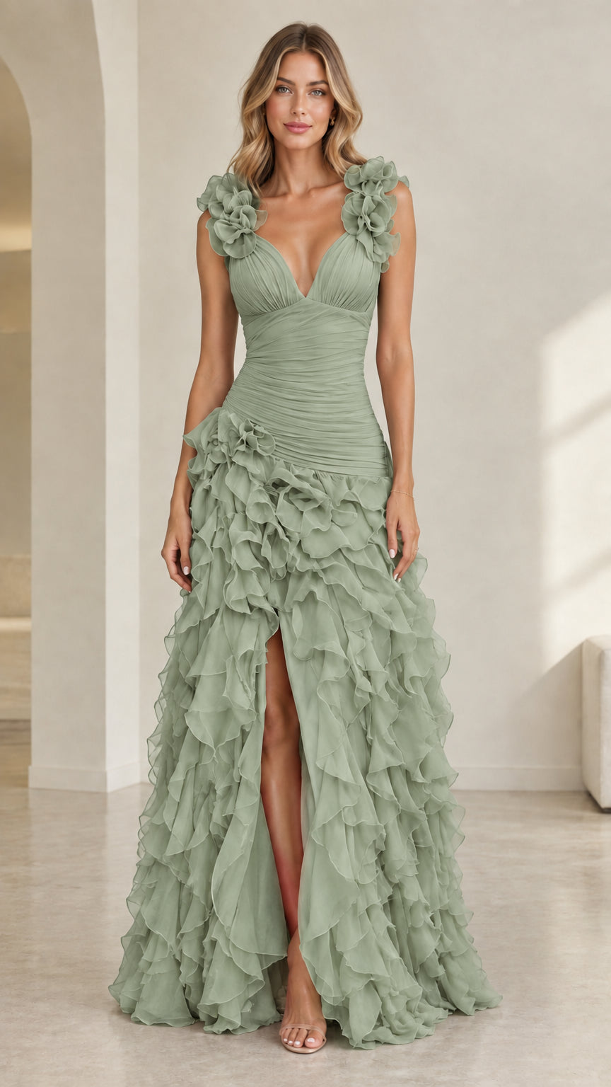 Model wearing sage green sleeveless ruffled formal gown with slit