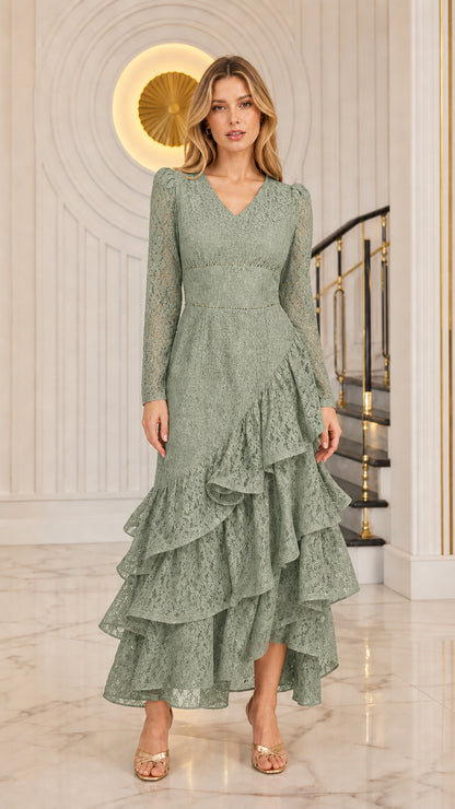 Model wearing the long sleeve tiered ruffle lace evening dress in sage green
