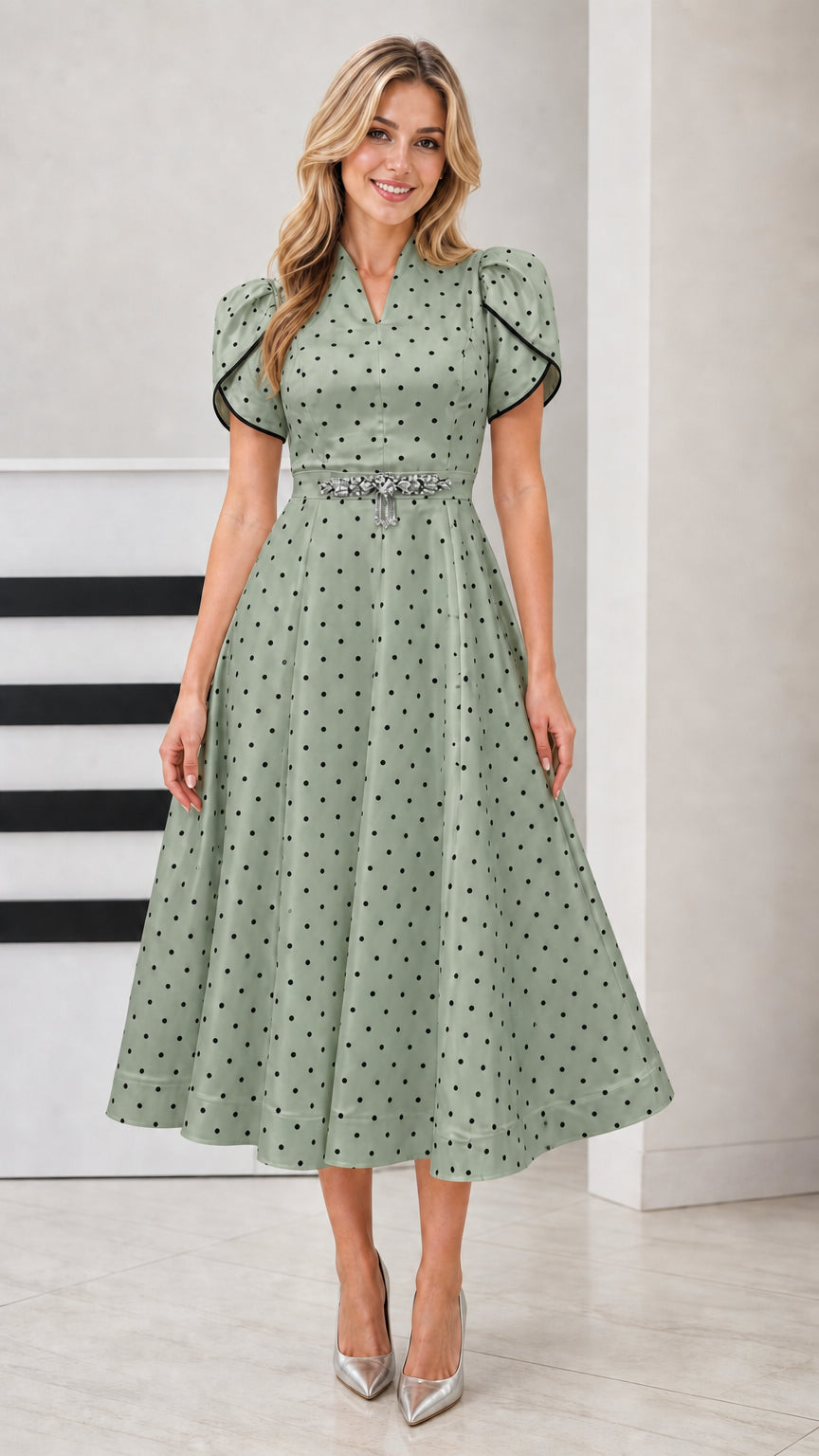 Front view of woman wearing Sage Green polka dot V-neck flared midi dress