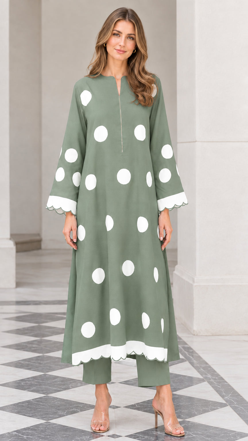 Model wearing Sage Green polka dot longline tunic top and matching trousers