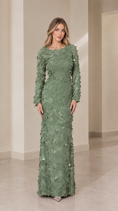 Sage green 3D floral appliqué column evening maxi dress