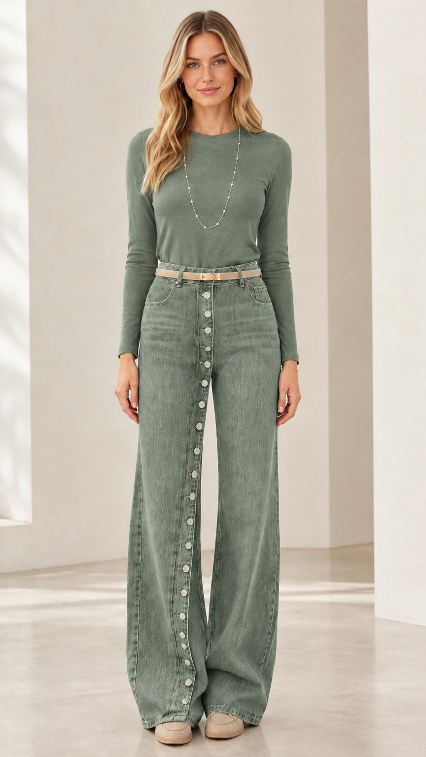 Front full view of model wearing Sage Green high rise button-front wide leg jeans