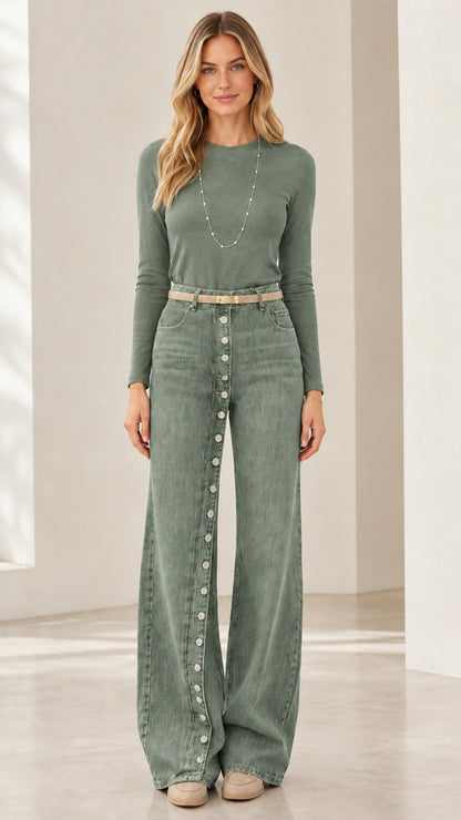 Front full view of model wearing Sage Green high rise button-front wide leg jeans