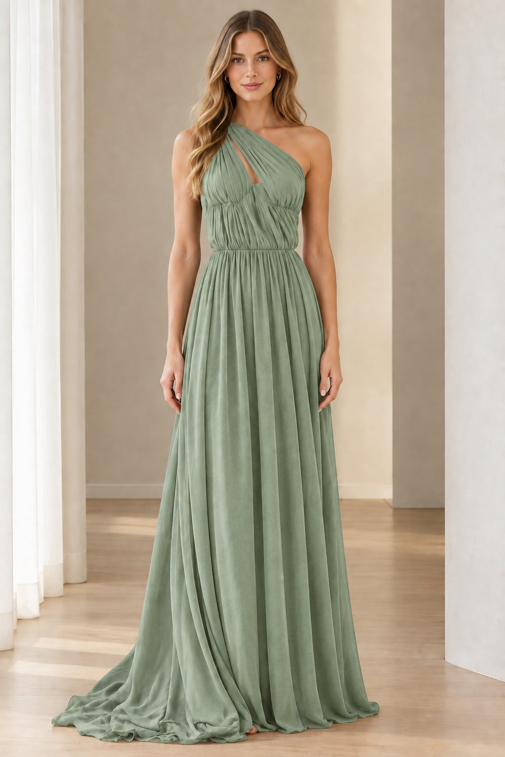 Sage green one-shoulder pleated chiffon floor-length dress
