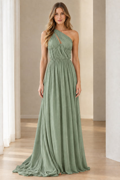Sage green one-shoulder pleated chiffon floor-length dress