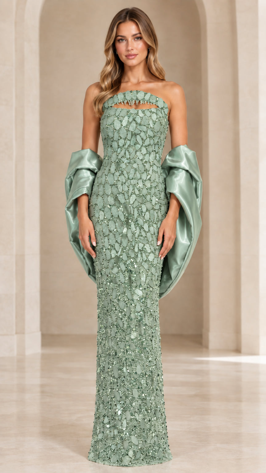 Sage Green strapless embellished formal gown with tonal satin draped sleeves