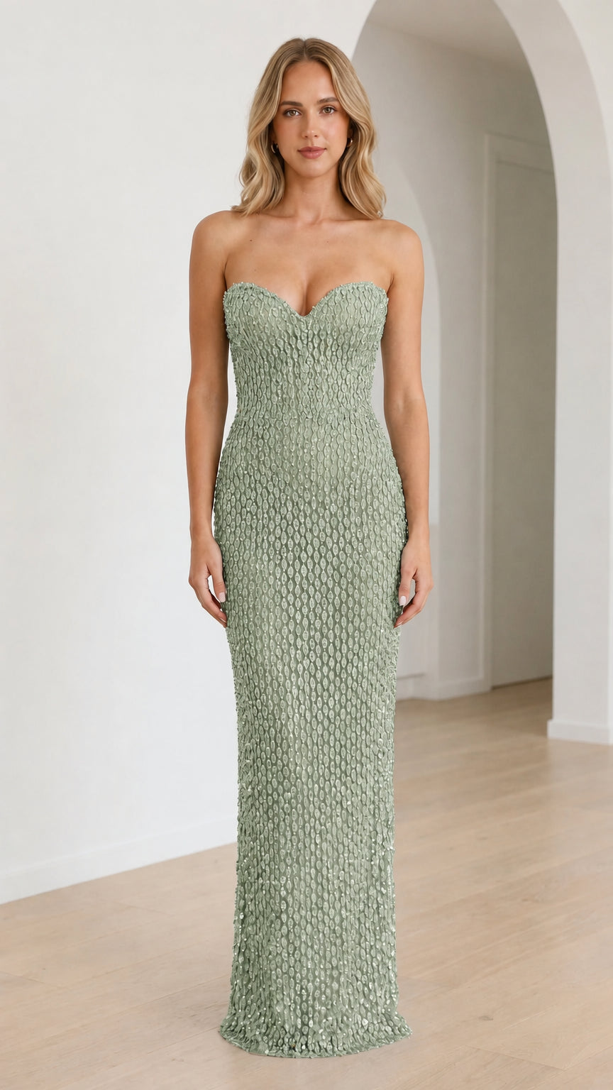 Front view of sage green sequin strapless maxi dress