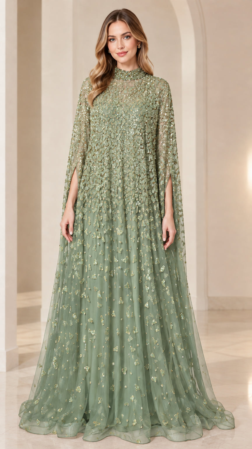 Front view of sage green sequined floor-length formal cape dress