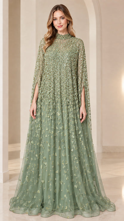 Front view of sage green sequined floor-length formal cape dress