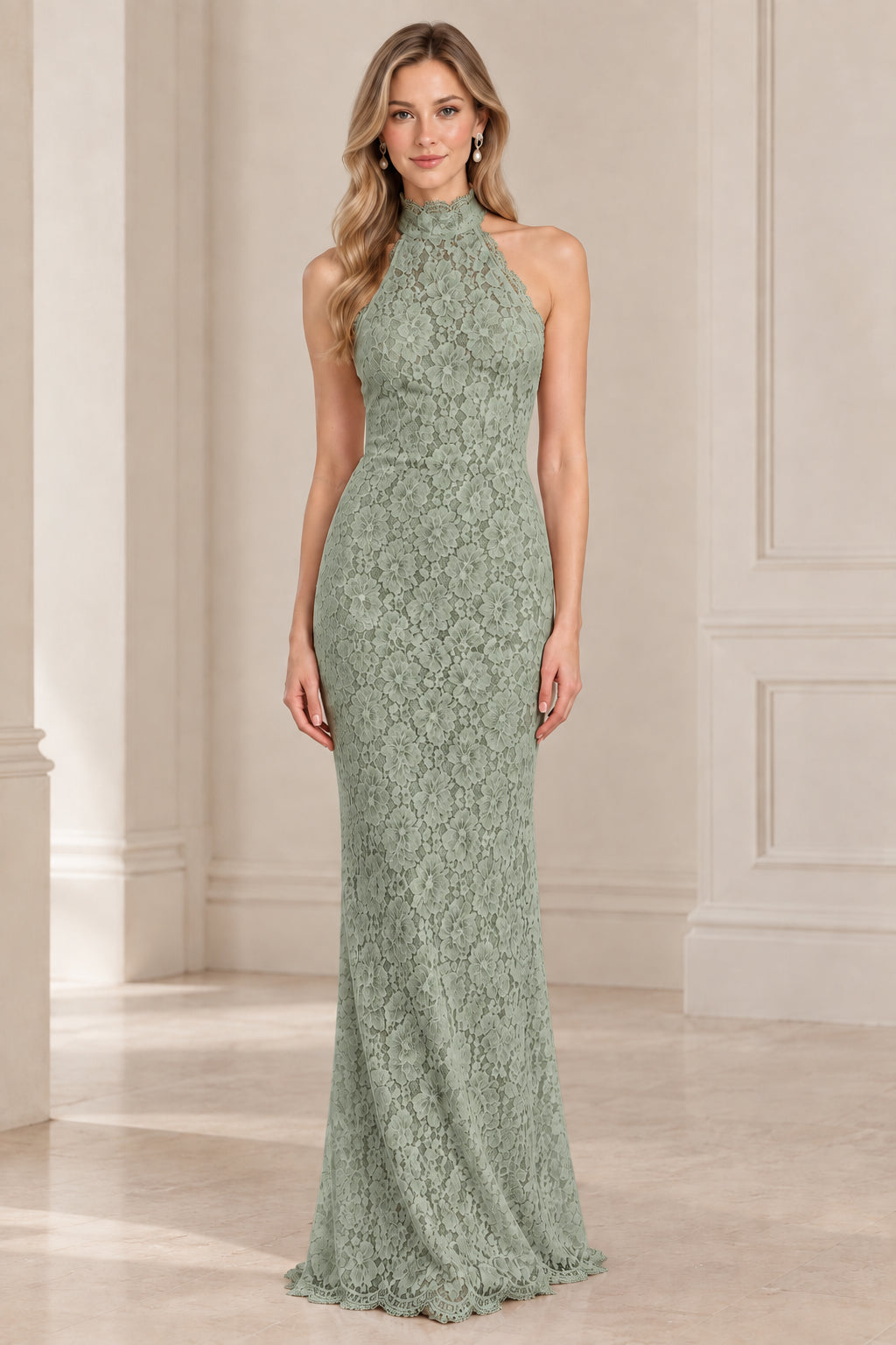 Sage green high neck halter backless lace evening maxi dress