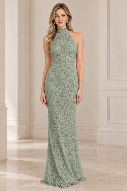 Sage green high neck halter backless lace evening maxi dress