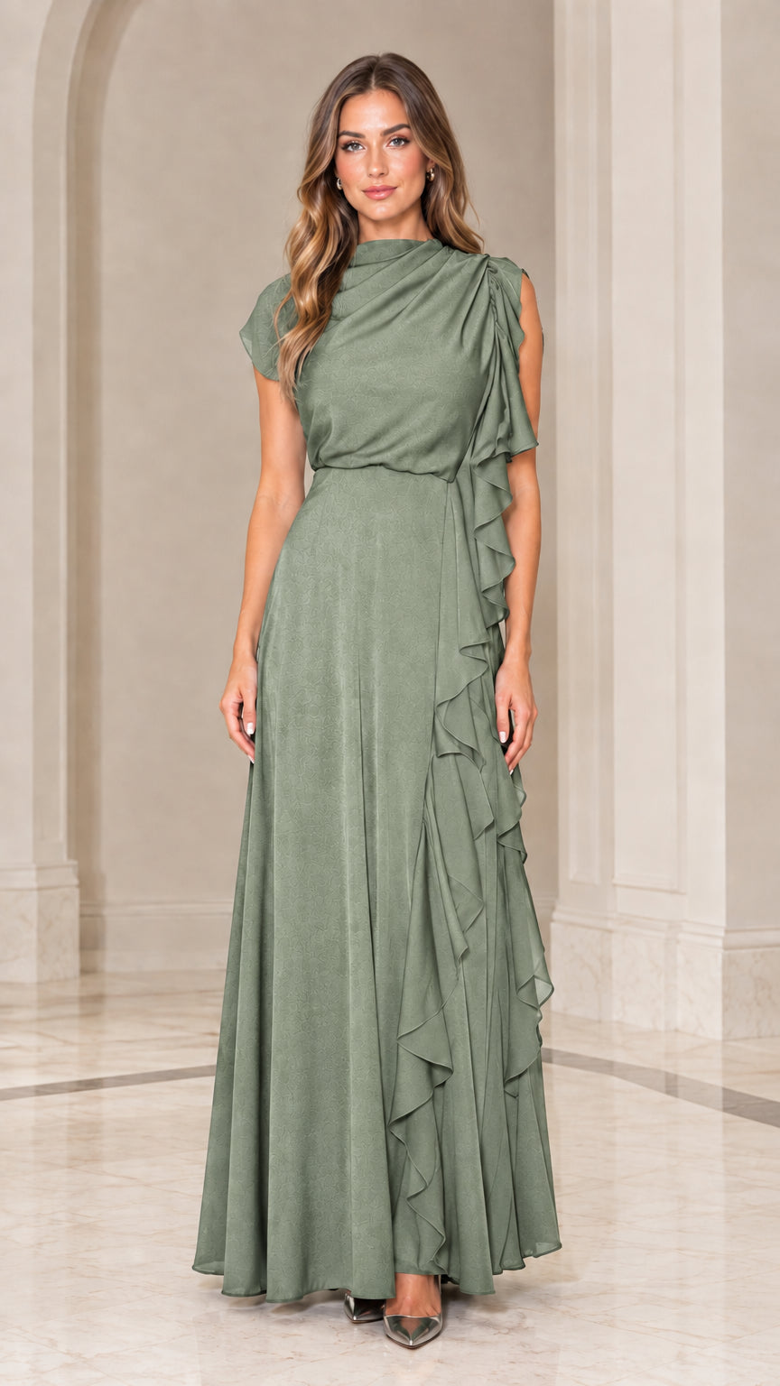 Sage green draped high neck maxi gown with cascade ruffle