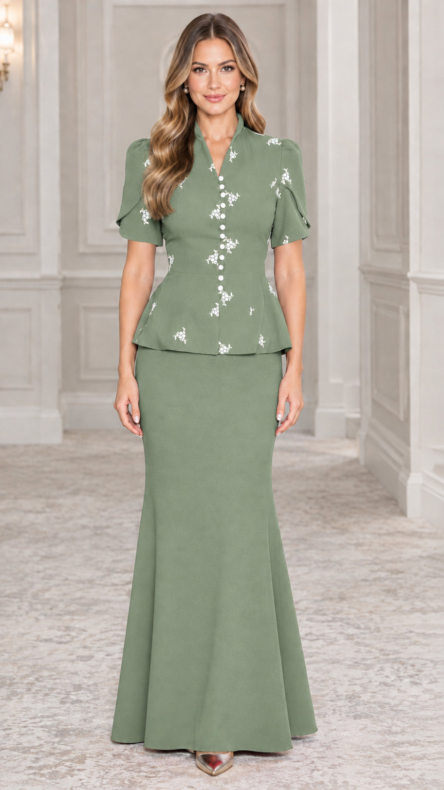 Front view of sage green embroidered peplum top and fluted maxi skirt set