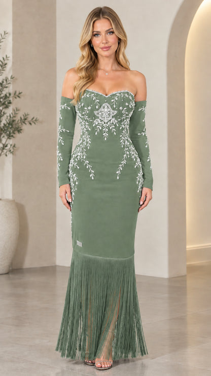 Sage green off-the-shoulder beaded formal maxi dress with fringe skirt