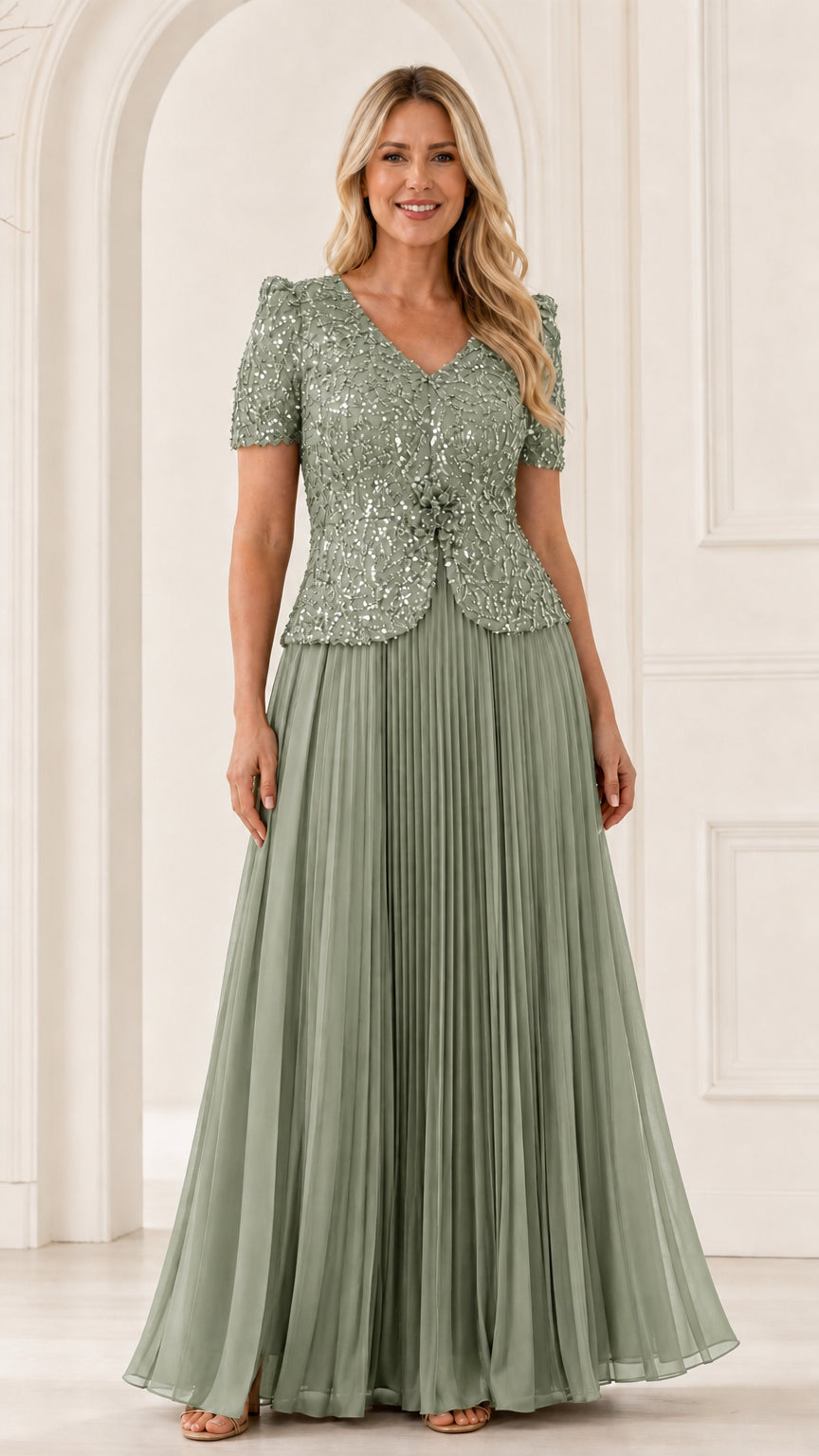 Full front view of sage green sequined short sleeve evening dress with pleated maxi skirt