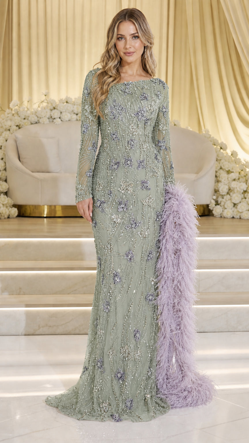 Sage green embellished long sleeve evening gown with feather accent