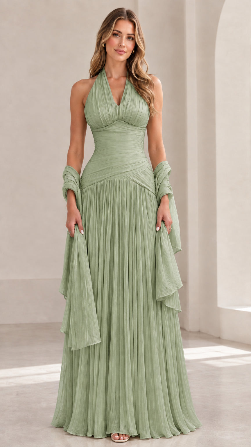 Full-length Sage Green halter pleated gown with matching chiffon wrap