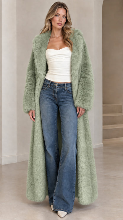 Front view of model wearing sage green floor-length faux fur maxi coat