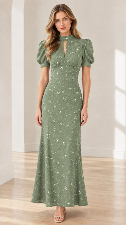 Sage green floral print puff sleeve keyhole cutout long dress on model