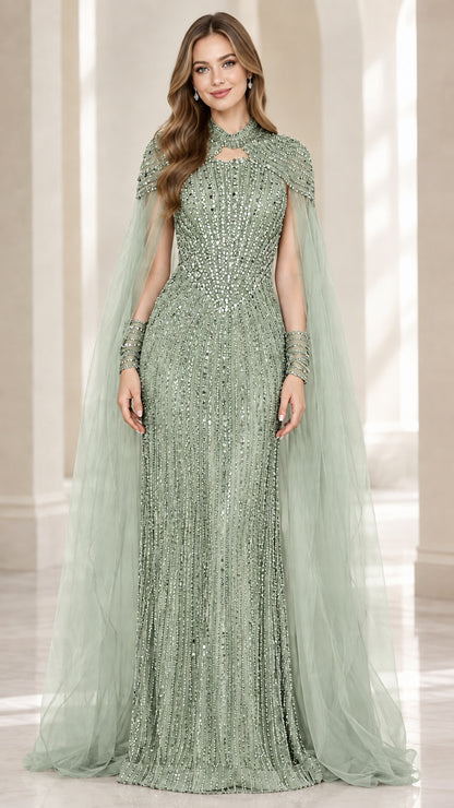 Front view of sage green embellished formal gown with cape