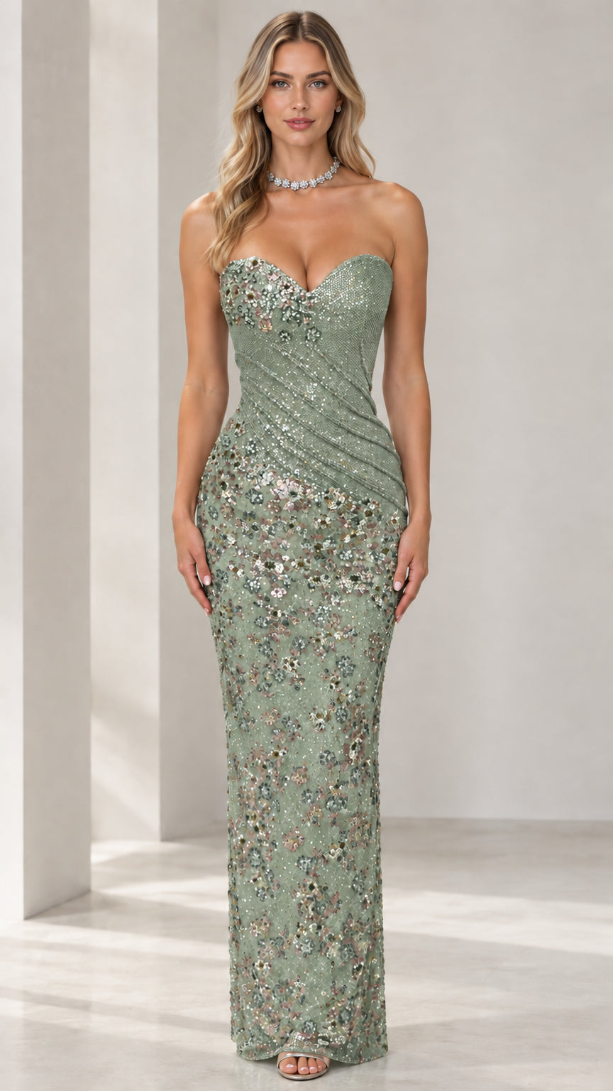 Sage Green strapless embellished evening dress front view